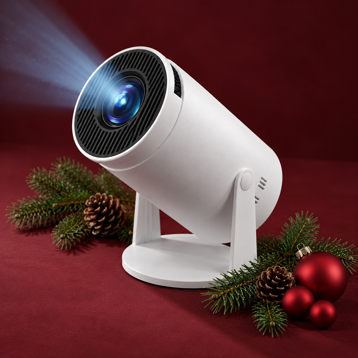 Merry View compact white projector on its adjustable stand